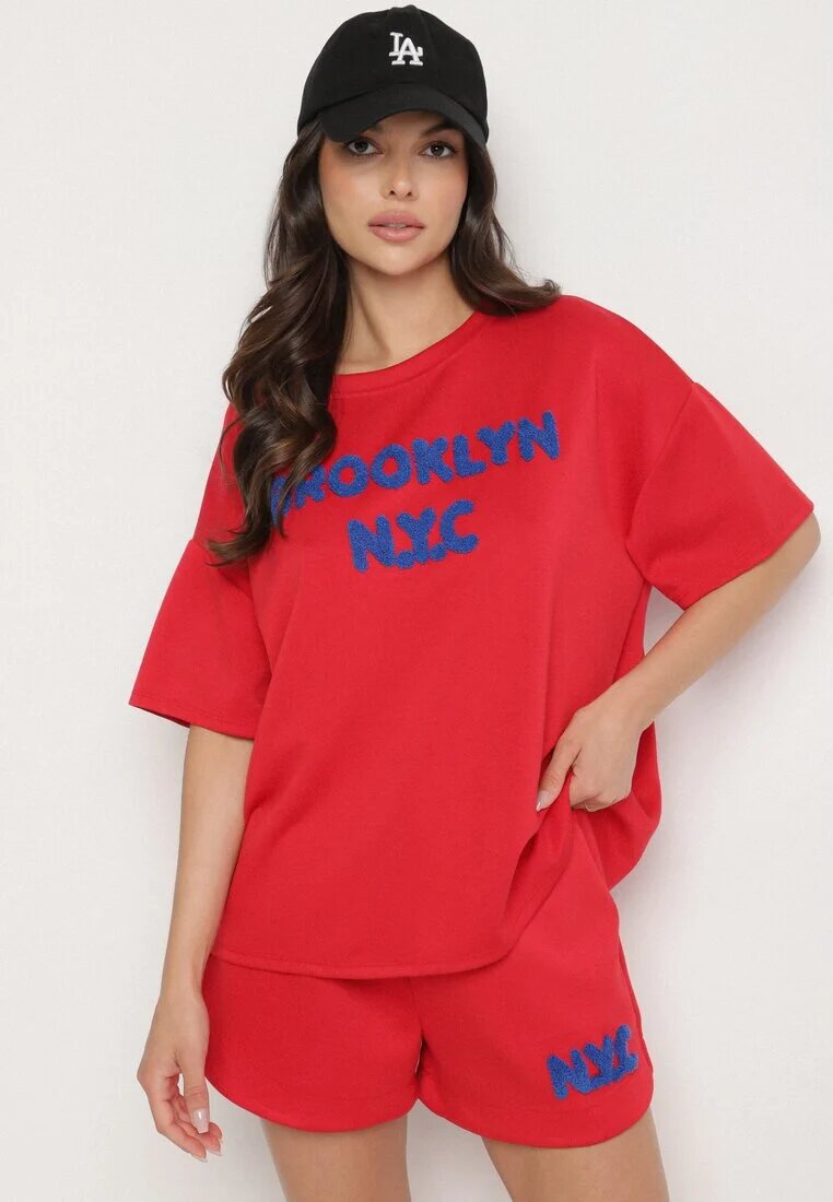 jumelle Set Roșu Oversize cu Viscoză Tricou și Pantaloni scurți cu Imprimeu Liravella