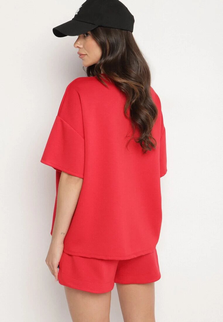 jumelle Set Roșu Oversize cu Viscoză Tricou și Pantaloni scurți cu Imprimeu Liravella