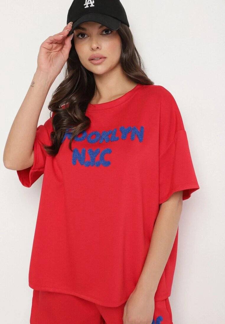 jumelle Set Roșu Oversize cu Viscoză Tricou și Pantaloni scurți cu Imprimeu Liravella