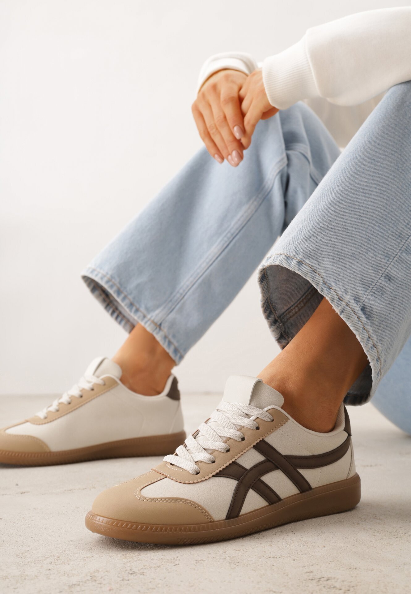 jumelle Sneakers Bej-Maro pe Talpă de Cauciuc cu Model Geometric Sewtila