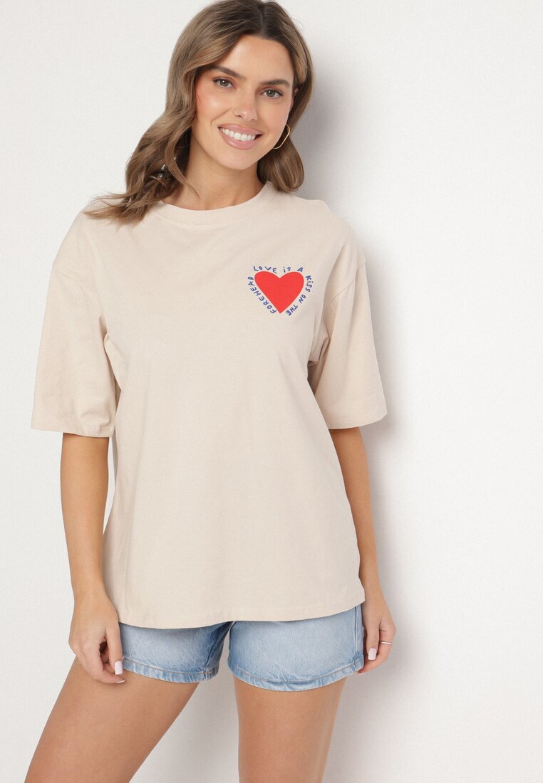 jumelle T-shirt Bej de bumbac cu motiv inimă Liorlie