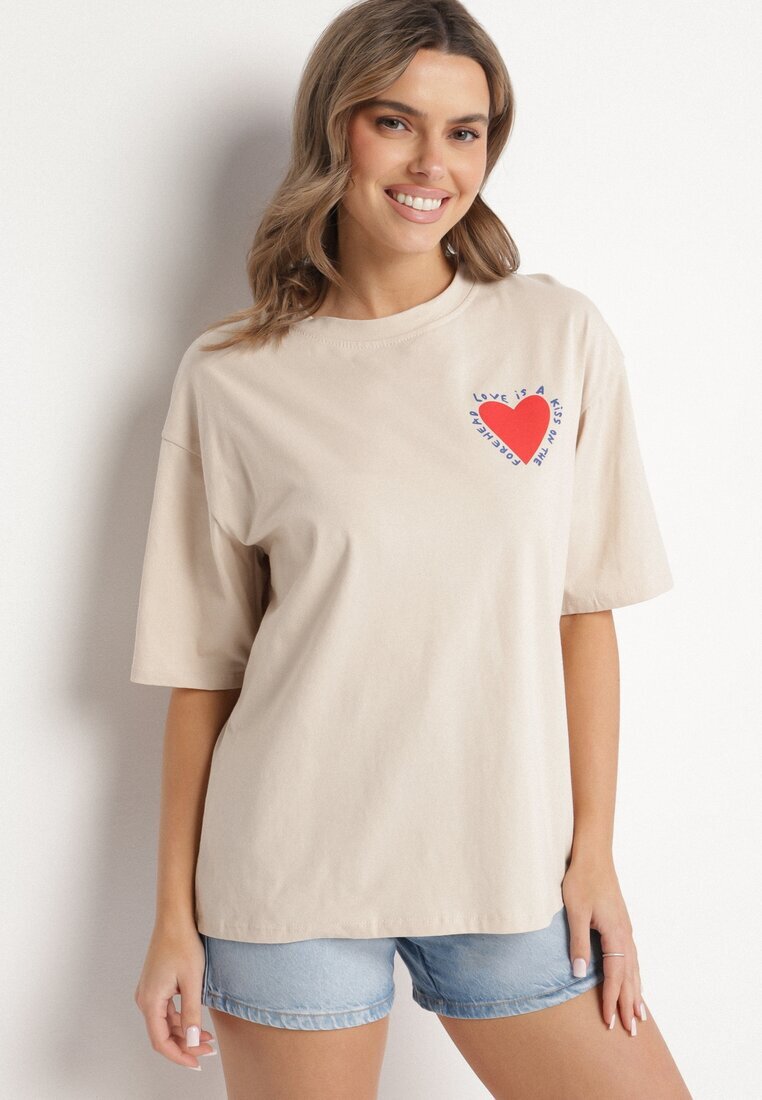 jumelle T-shirt Bej de bumbac cu motiv inimă Liorlie