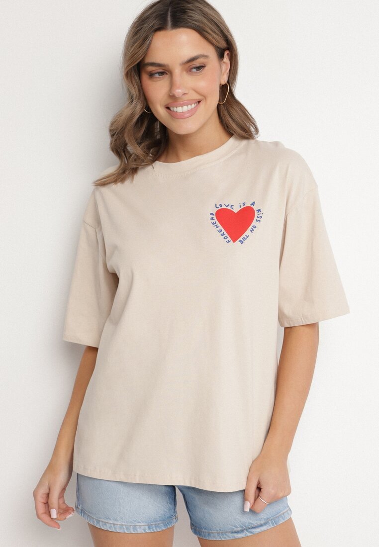 jumelle T-shirt Bej de bumbac cu motiv inimă Liorlie