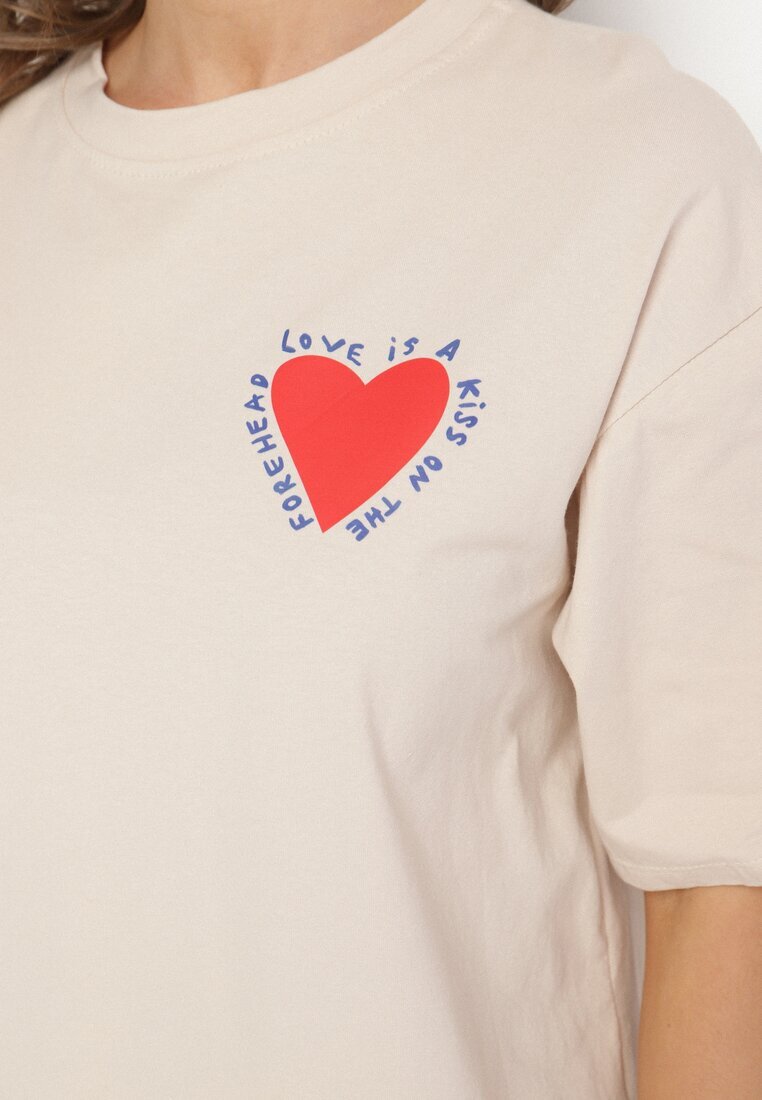 jumelle T-shirt Bej de bumbac cu motiv inimă Liorlie