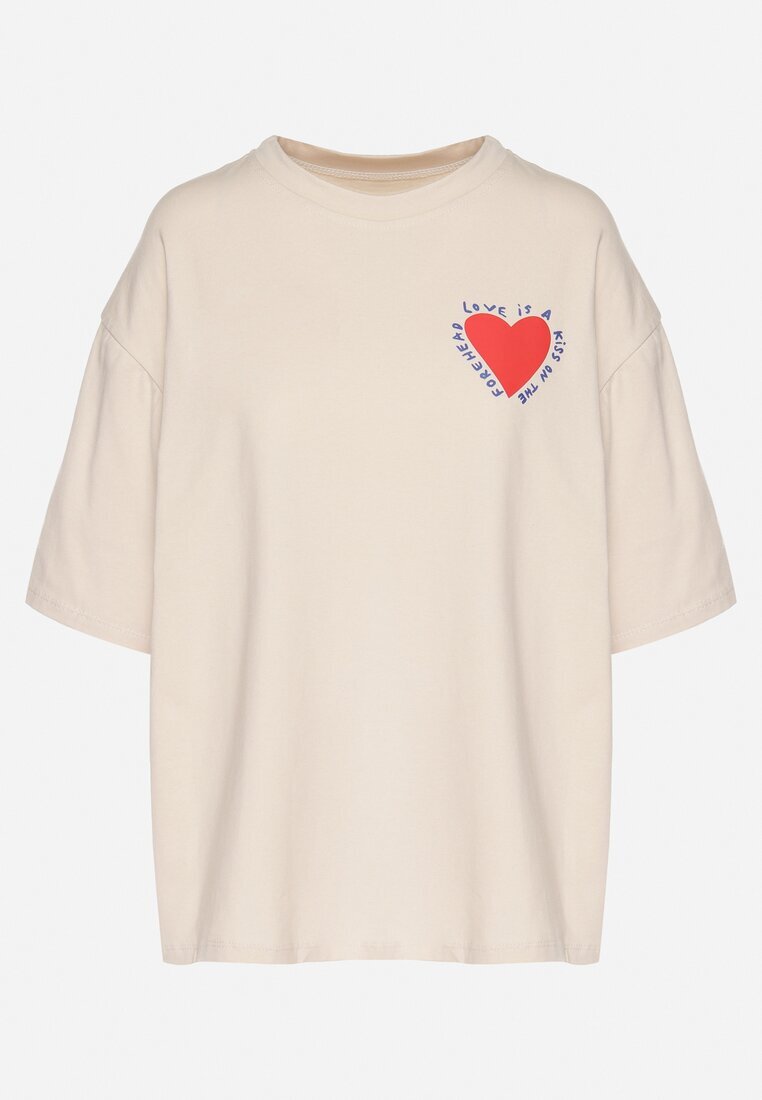 jumelle T-shirt Bej de bumbac cu motiv inimă Liorlie