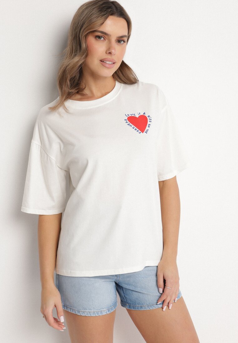 jumelle Tricou Bej deschis de Bumbac cu Motiv Inimă Liorlie