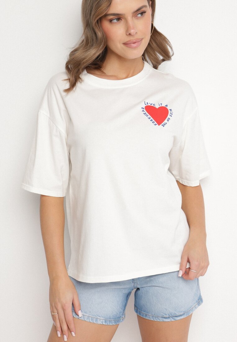 jumelle Tricou Bej deschis de Bumbac cu Motiv Inimă Liorlie