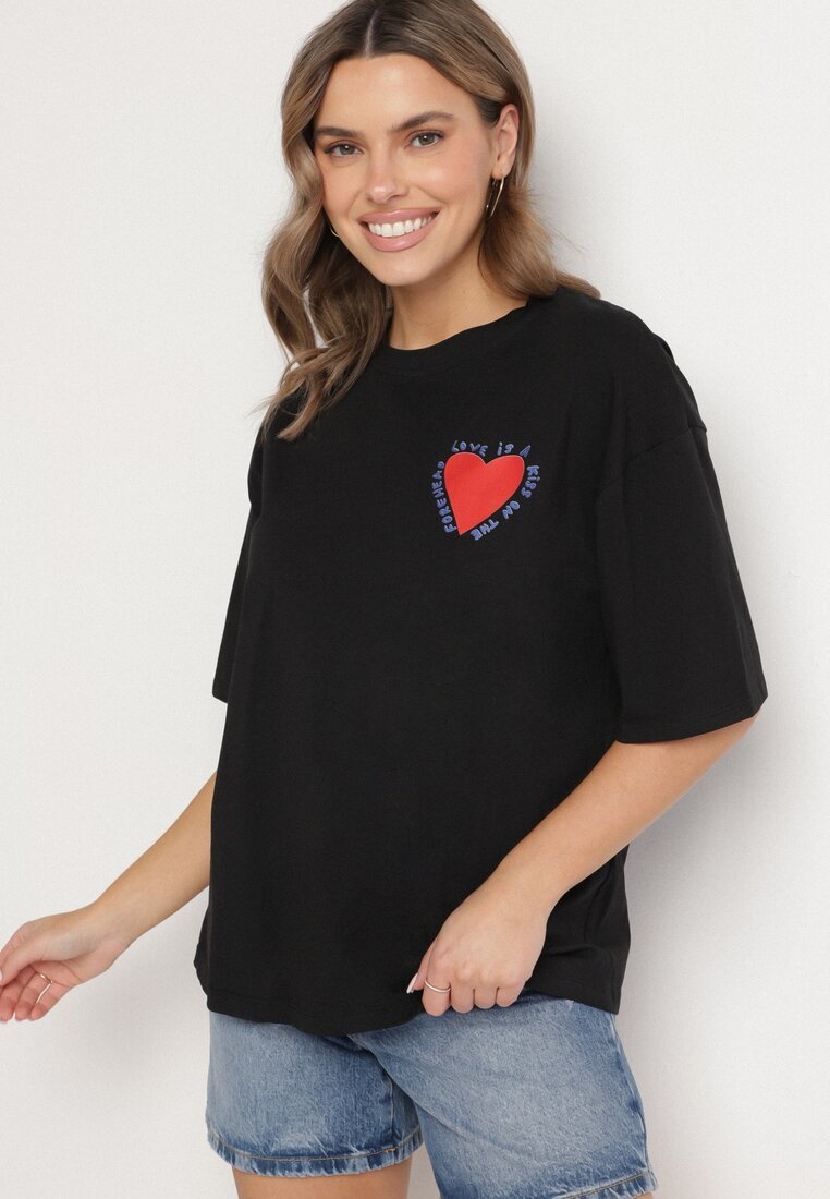 jumelle Tricou Negru din Bumbac cu Motiv Inimă Liorlie