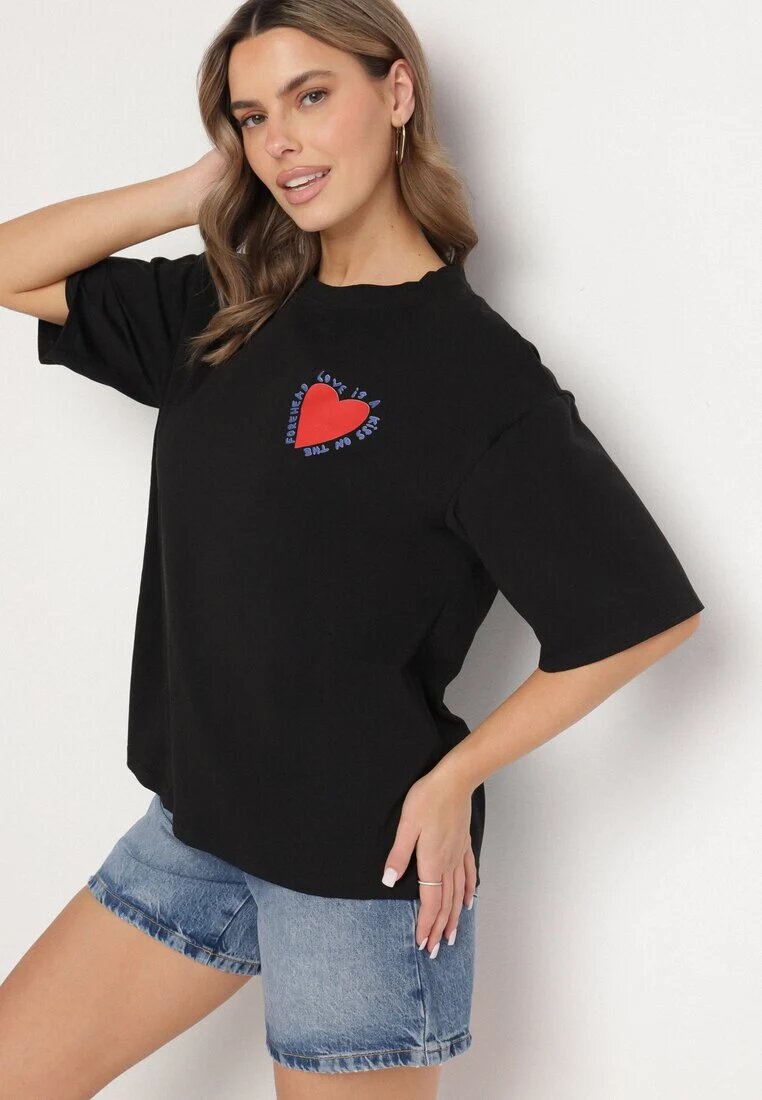 jumelle Tricou Negru din Bumbac cu Motiv Inimă Liorlie