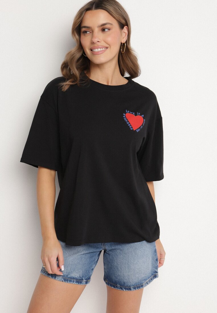 jumelle Tricou Negru din Bumbac cu Motiv Inimă Liorlie