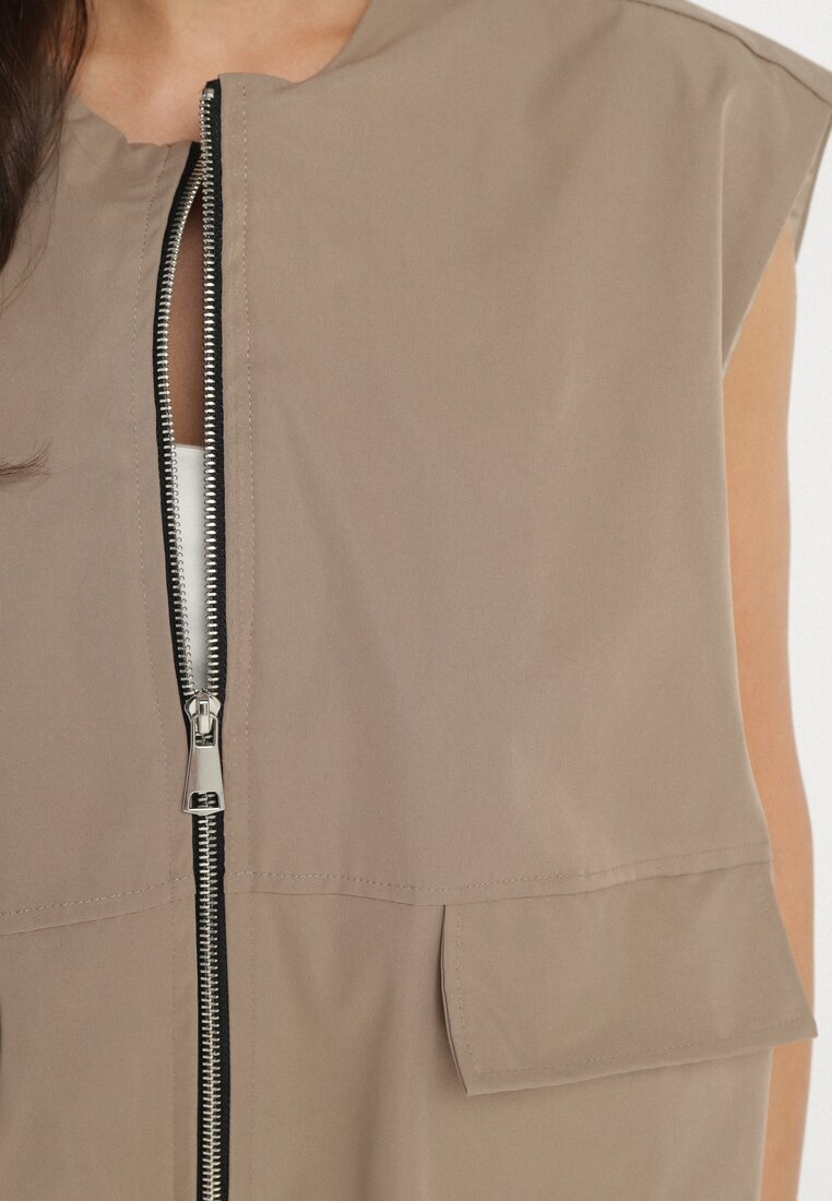 jumelle Vestă Maro deschis cu Sorona cu Buzunare Decorative și cu Elastic Fevonesia