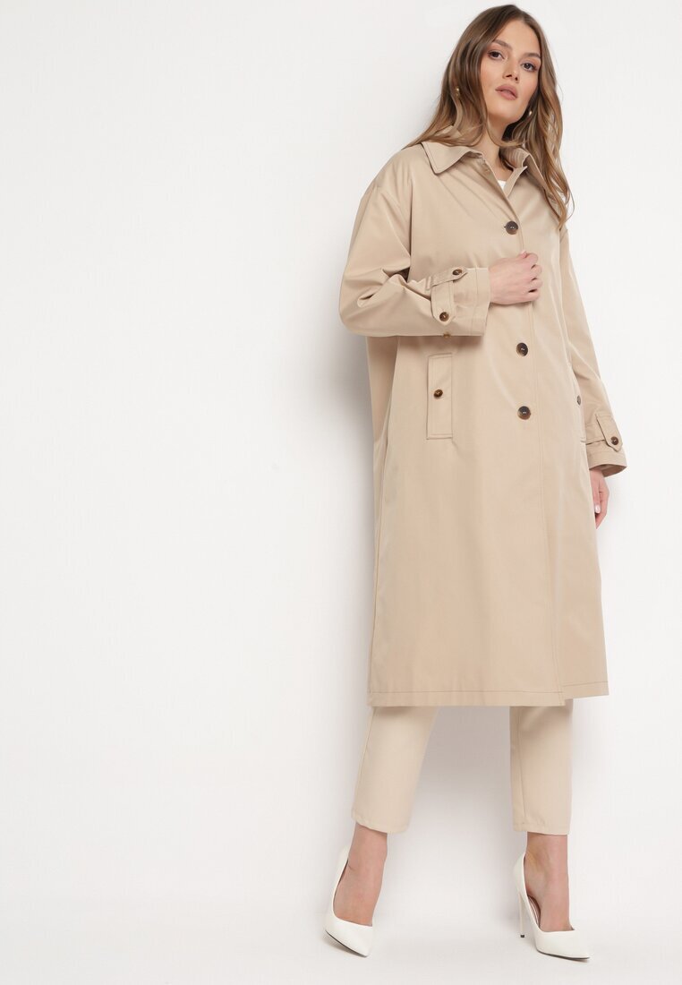 jus de pom Palton Trenci Bej Oversize cu Nasturi Kalei