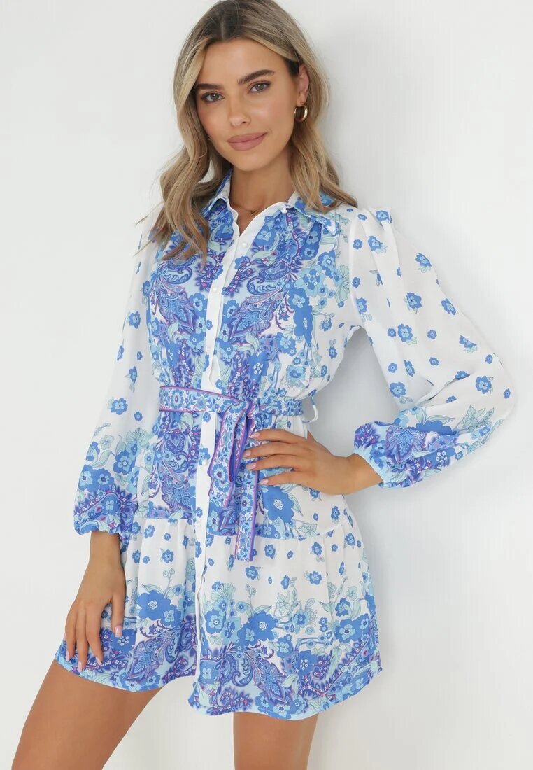jus de pom Rochie Albastră Tip Cămașă cu Nasturi și Elastic în Talie Melija
