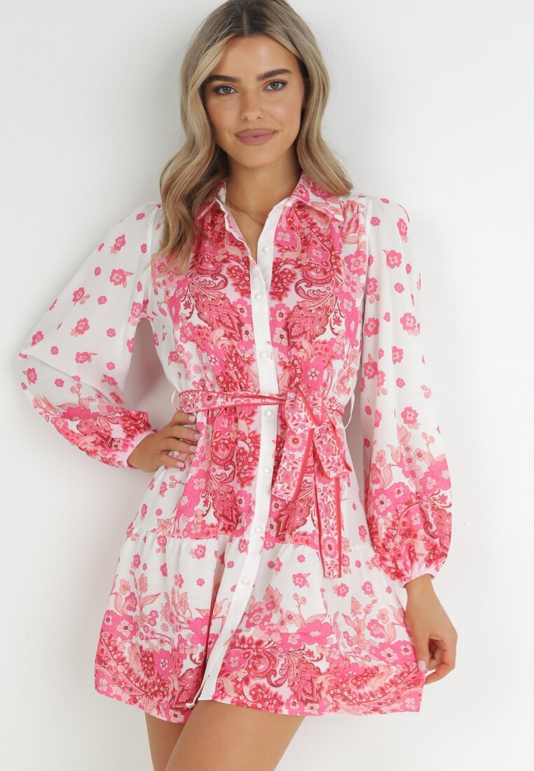 jus de pom Rochie Cămașă Fucsia cu Nasturi și Elastic în Talie Melija