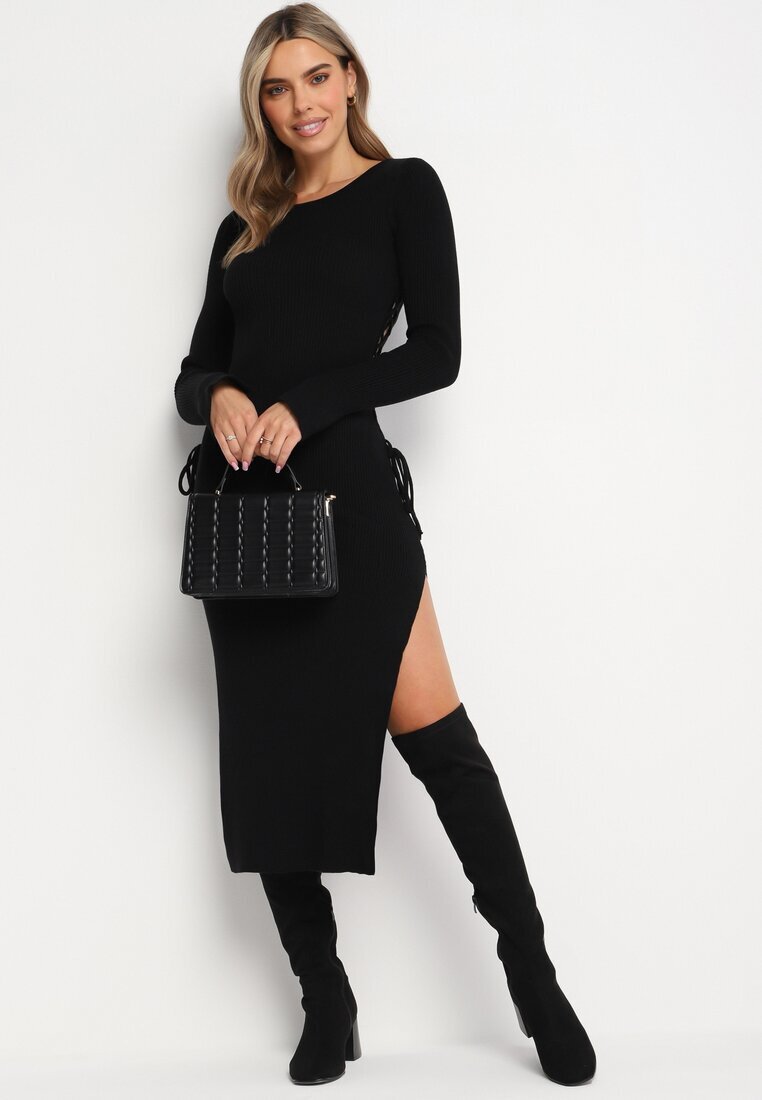jus de pom Rochie Neagră Midi din Tricot Reiat cu Legături pe Laterale Aramelia
