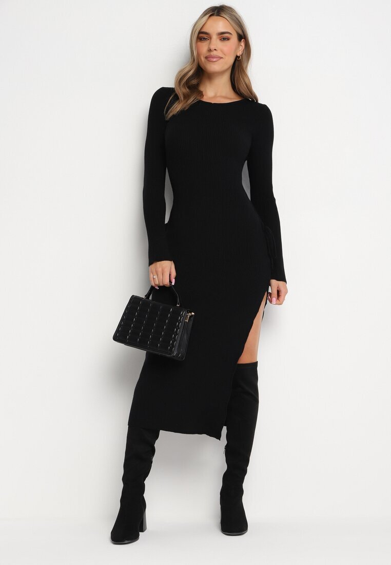 jus de pom Rochie Neagră Midi din Tricot Reiat cu Legături pe Laterale Aramelia