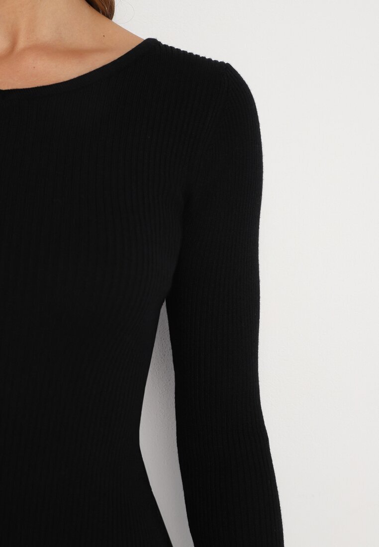 jus de pom Rochie Neagră Midi din Tricot Reiat cu Legături pe Laterale Aramelia