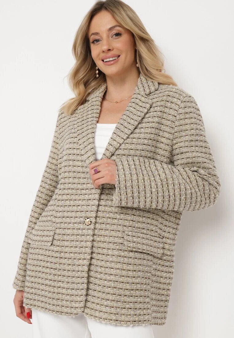 jus de pom Sacou Gri-bej de Tweed Retro cu un singur rând de nasturi Asaretta