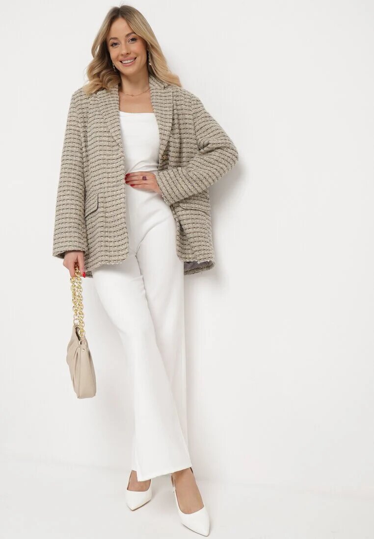 jus de pom Sacou Gri-bej de Tweed Retro cu un singur rând de nasturi Asaretta