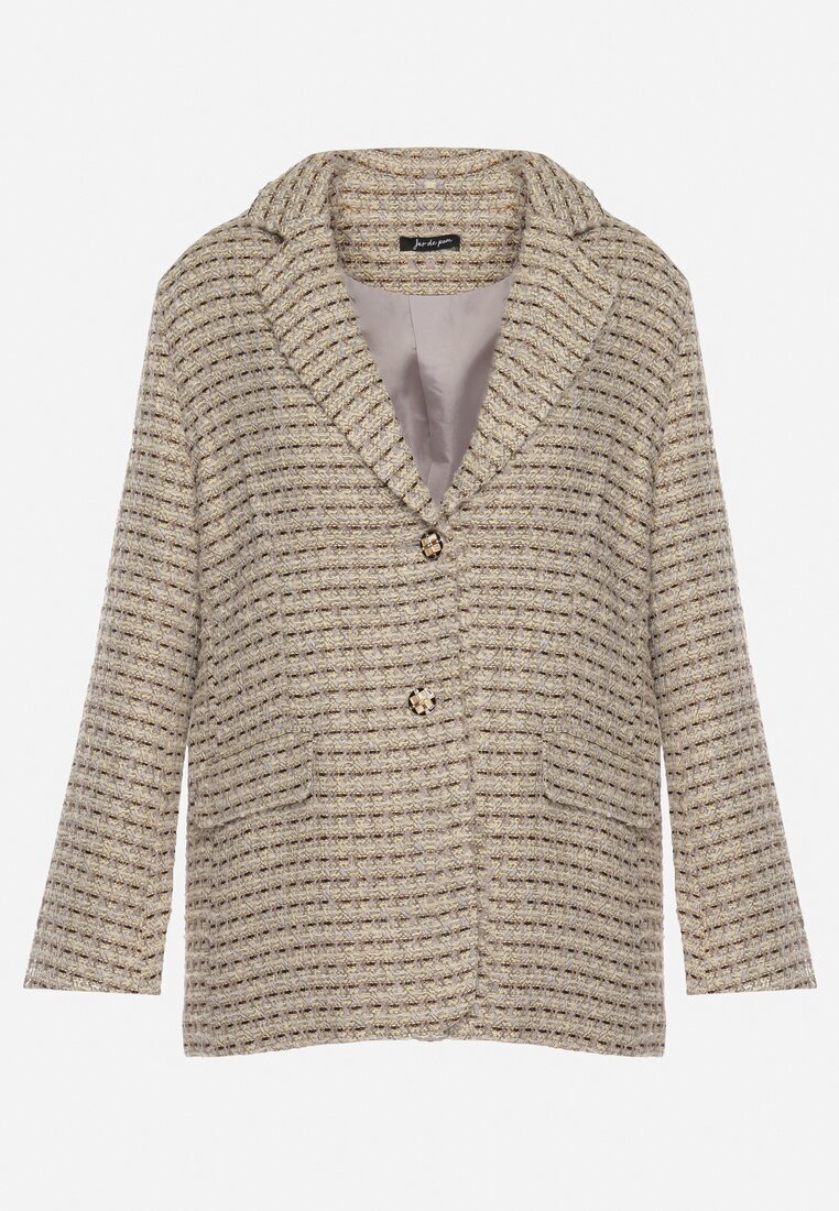 jus de pom Sacou Gri-bej de Tweed Retro cu un singur rând de nasturi Asaretta