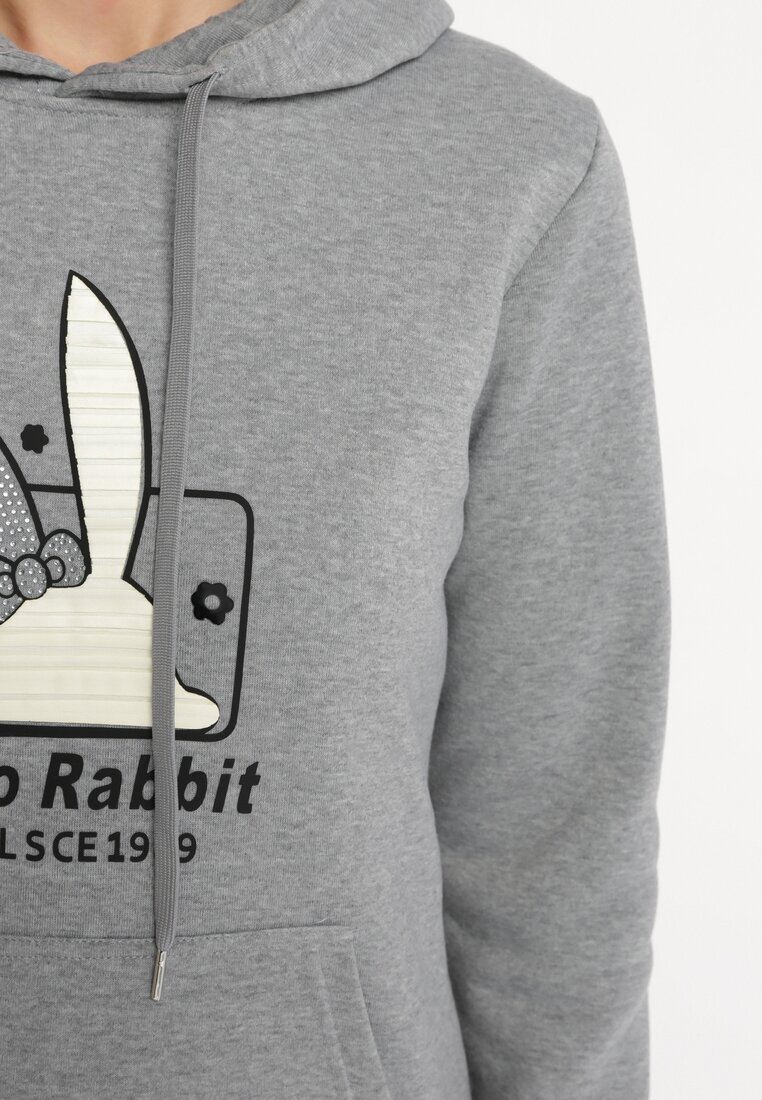 kamaella Bluză Gri Tricotată cu Glugă și Imprimeu Jubida