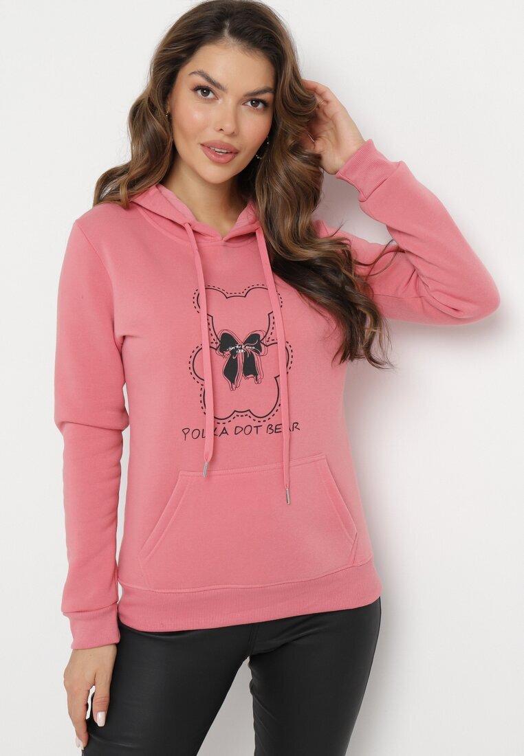 kamaella Hanorac clasic roz cu fleece model pulover decorat cu imprimeu Lettora
