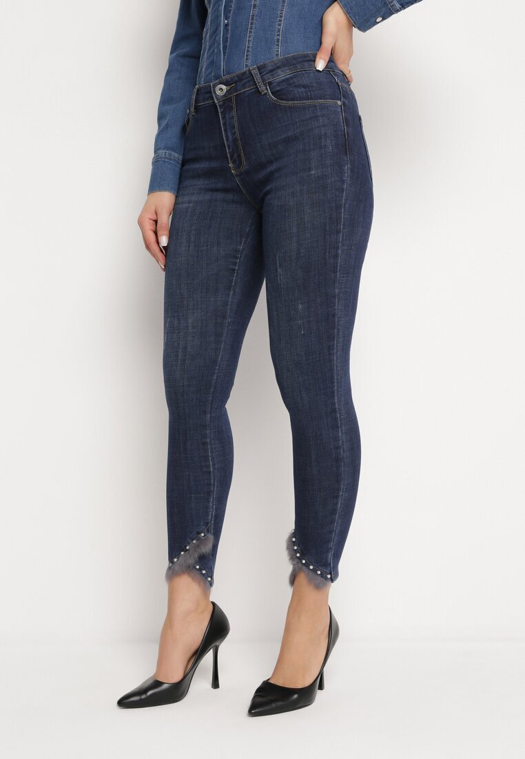 kiss pink Blugi bleumarin Skinny Decorați cu blăniță și perle Onuset