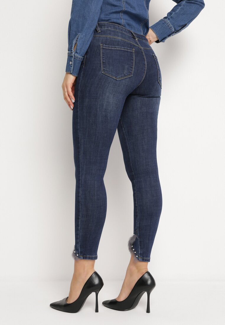 kiss pink Blugi bleumarin Skinny Decorați cu blăniță și perle Onuset