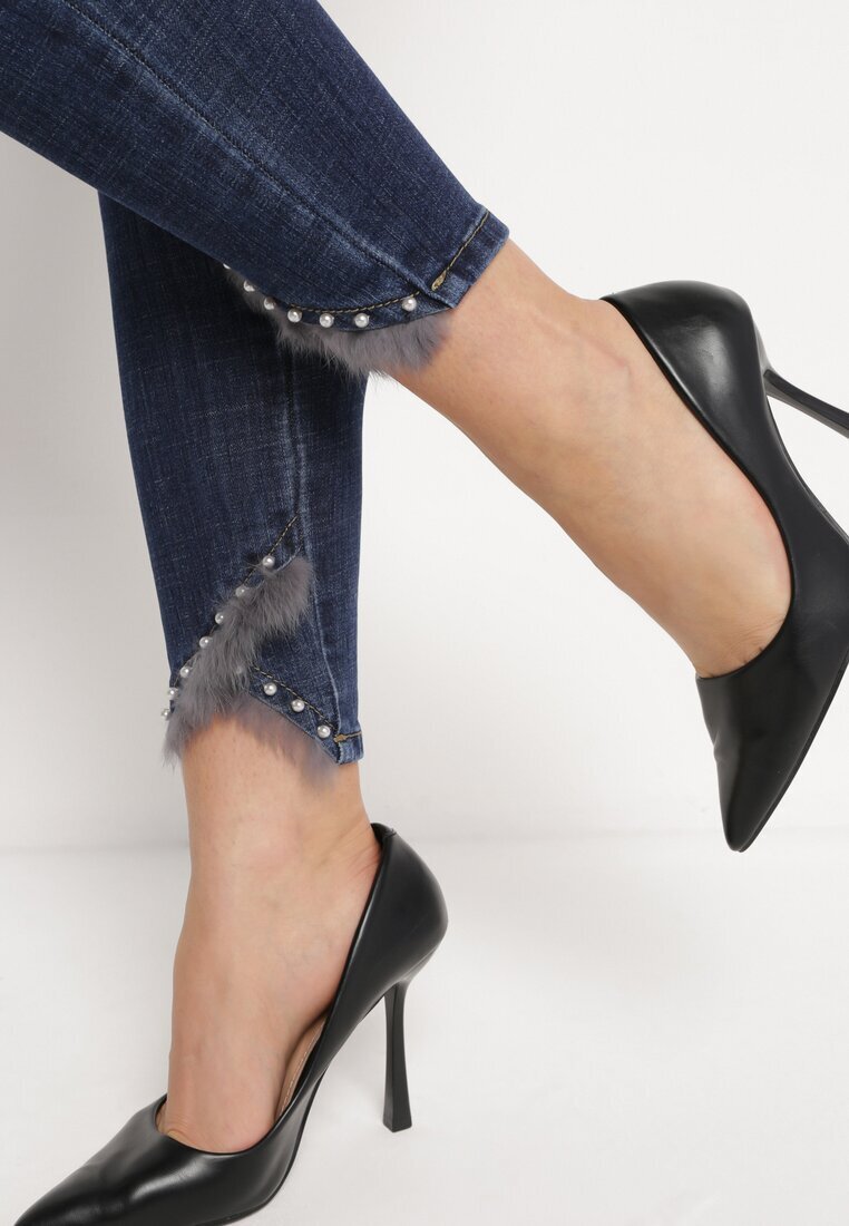 kiss pink Blugi bleumarin Skinny Decorați cu blăniță și perle Onuset