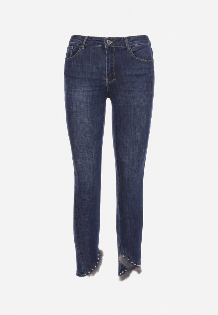 kiss pink Blugi bleumarin Skinny Decorați cu blăniță și perle Onuset