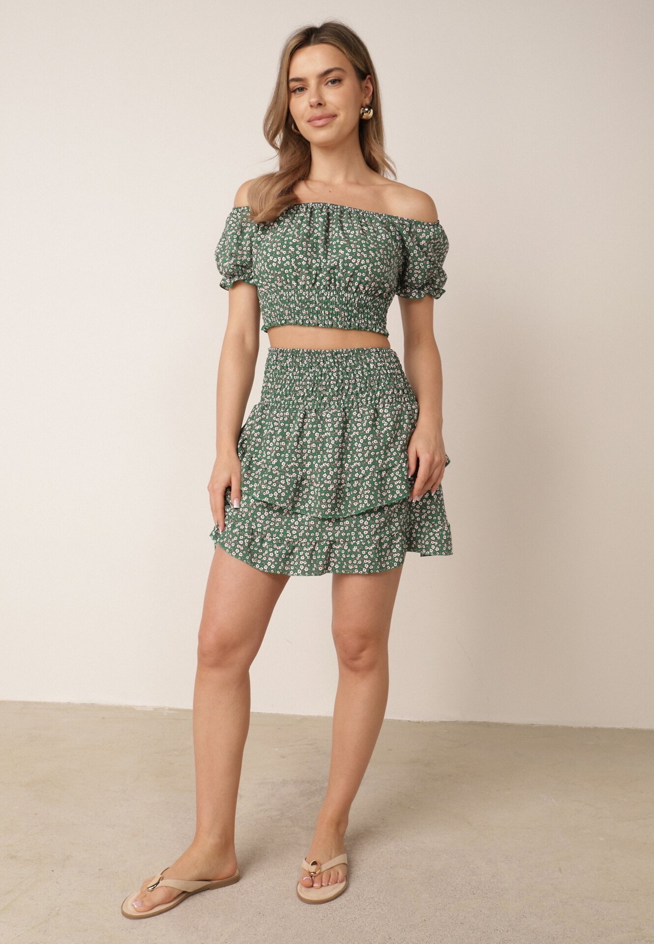  Komplet Verde două piese floral Top cu decolteu spaniol și Fustă cu volane Fritia