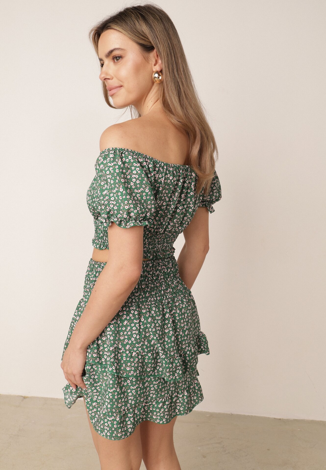  Komplet Verde două piese floral Top cu decolteu spaniol și Fustă cu volane Fritia