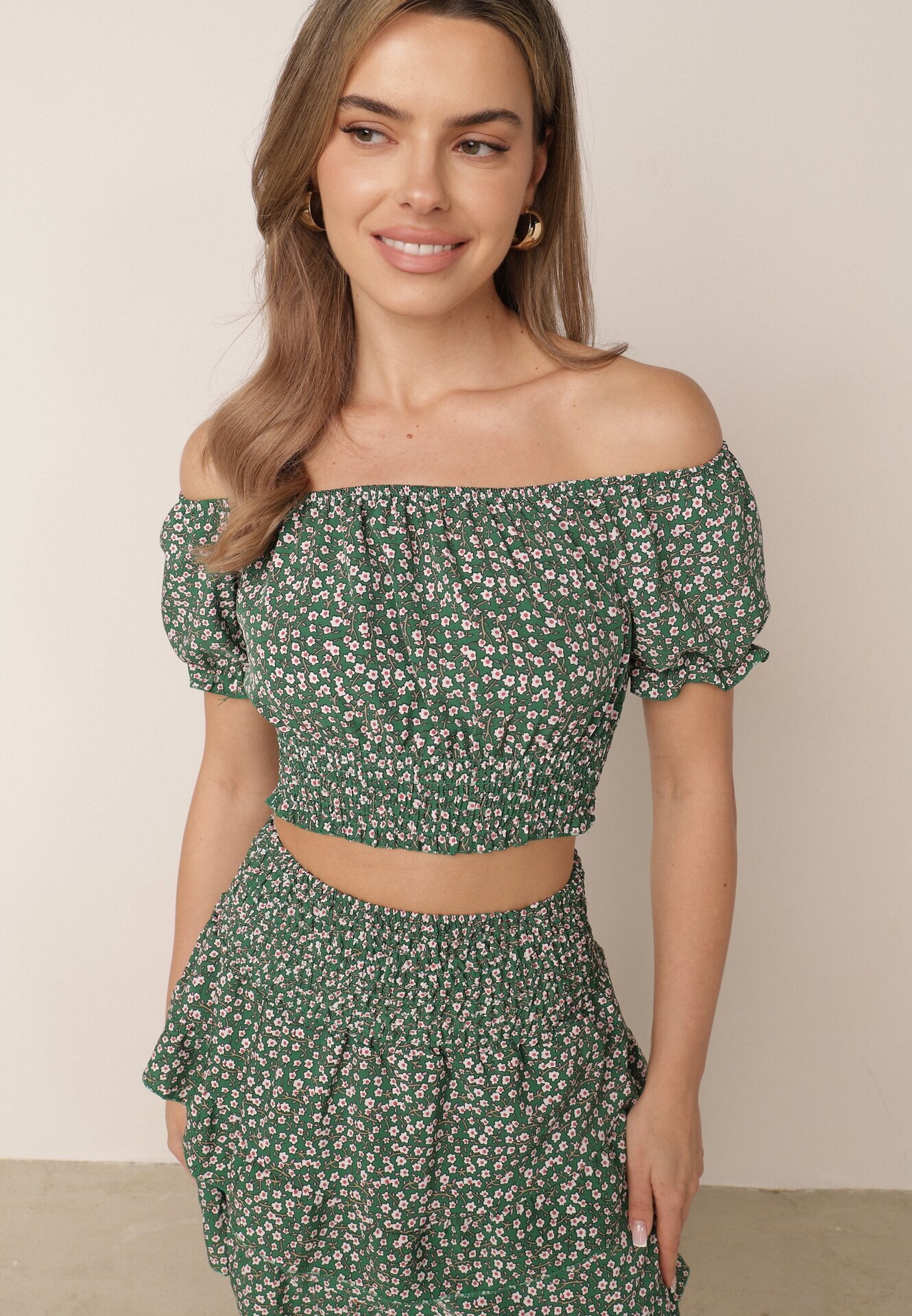  Komplet Verde două piese floral Top cu decolteu spaniol și Fustă cu volane Fritia