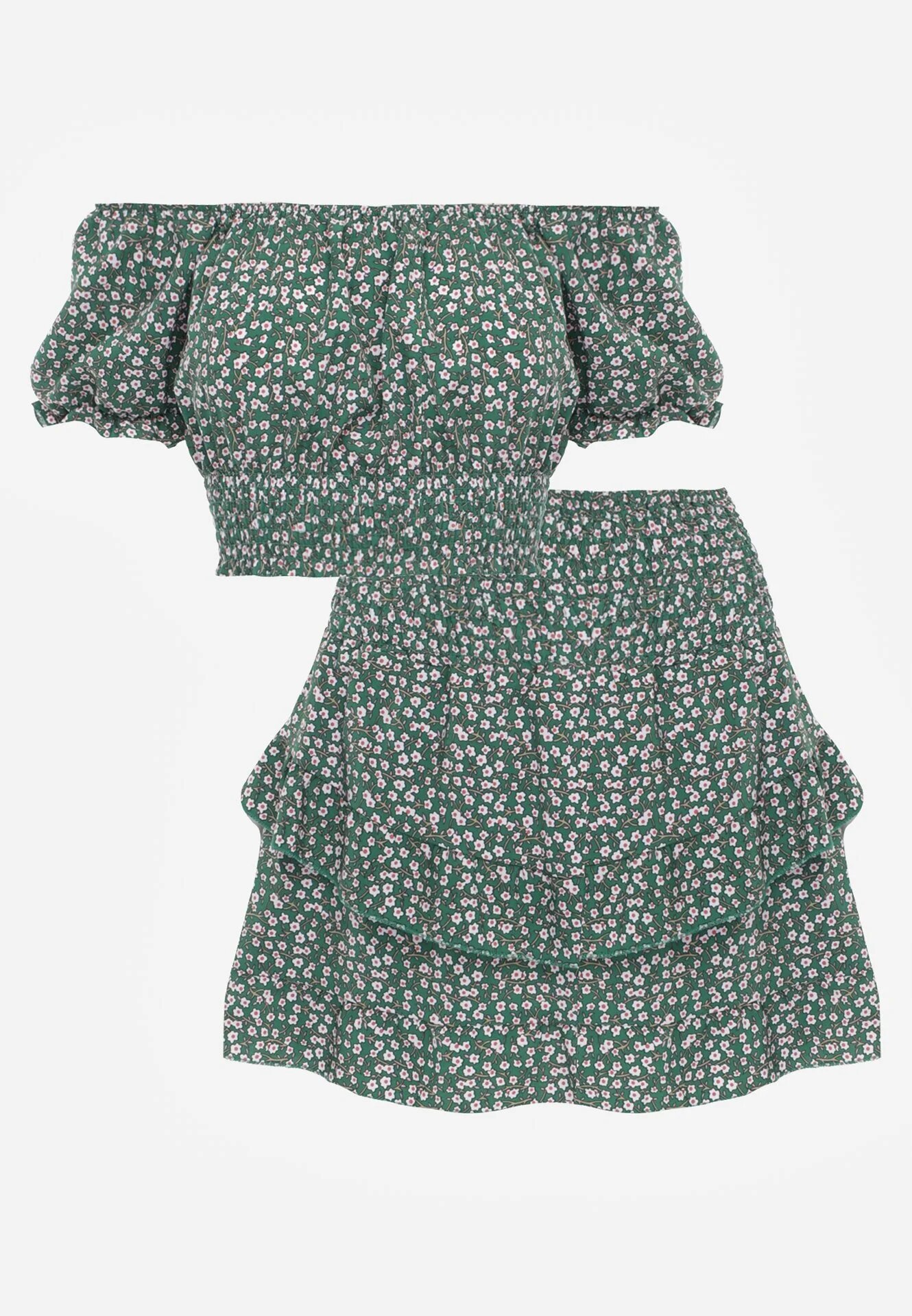  Komplet Verde două piese floral Top cu decolteu spaniol și Fustă cu volane Fritia