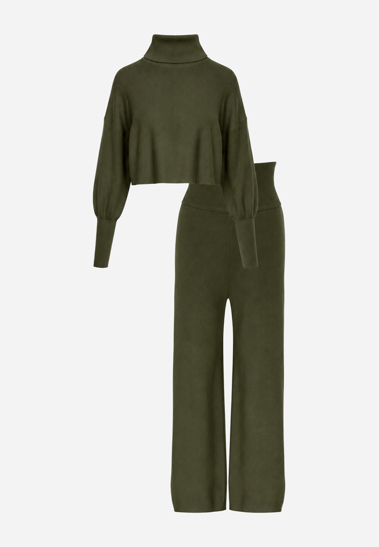  Komplet Verde Tricotat cu Vâscoză Bluză tip golf cu elastic și Pantaloni largi Noridra