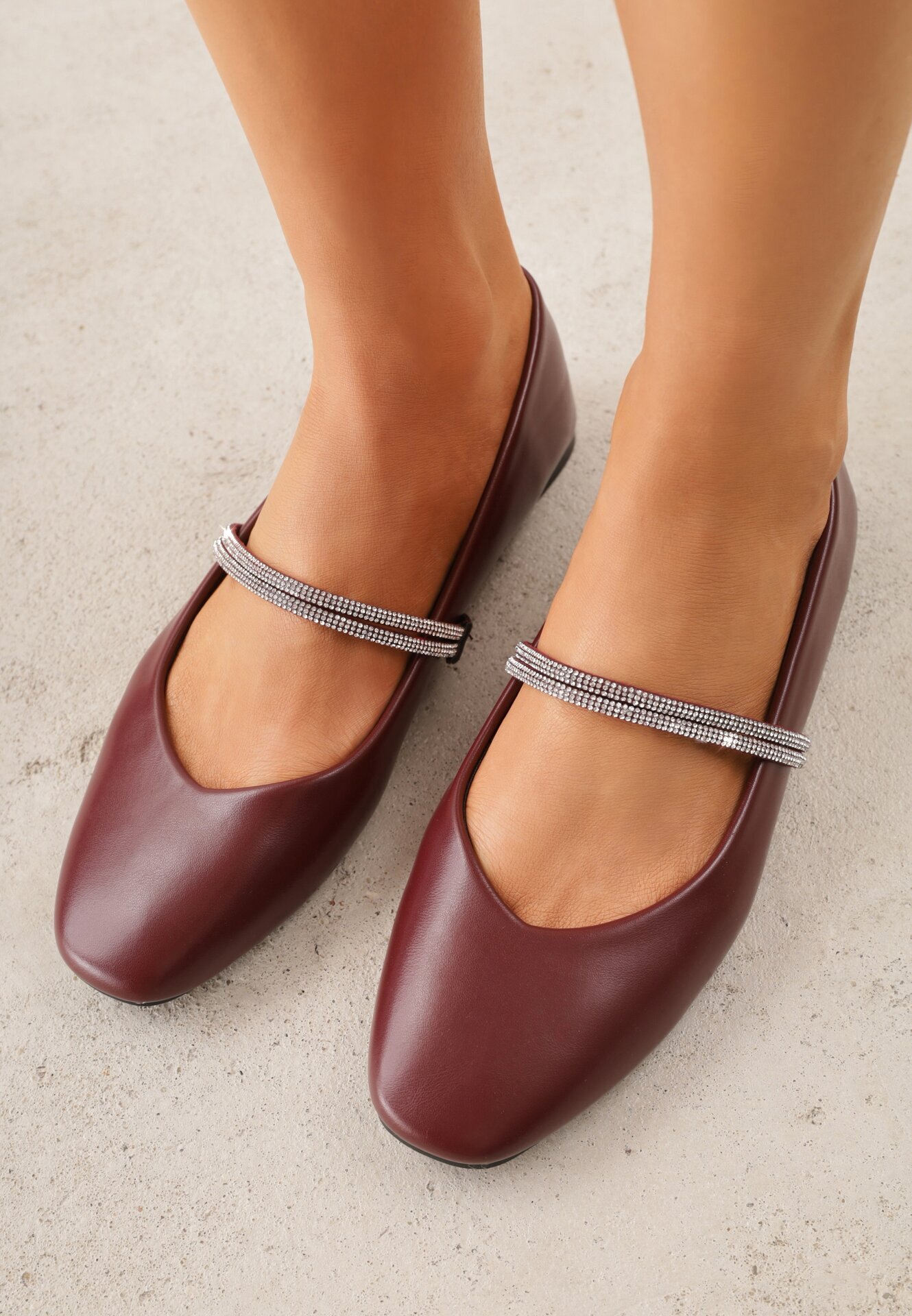 l.day Balerini Bordeaux tip slip-on cu baretă decorativă cu zirconii Rola