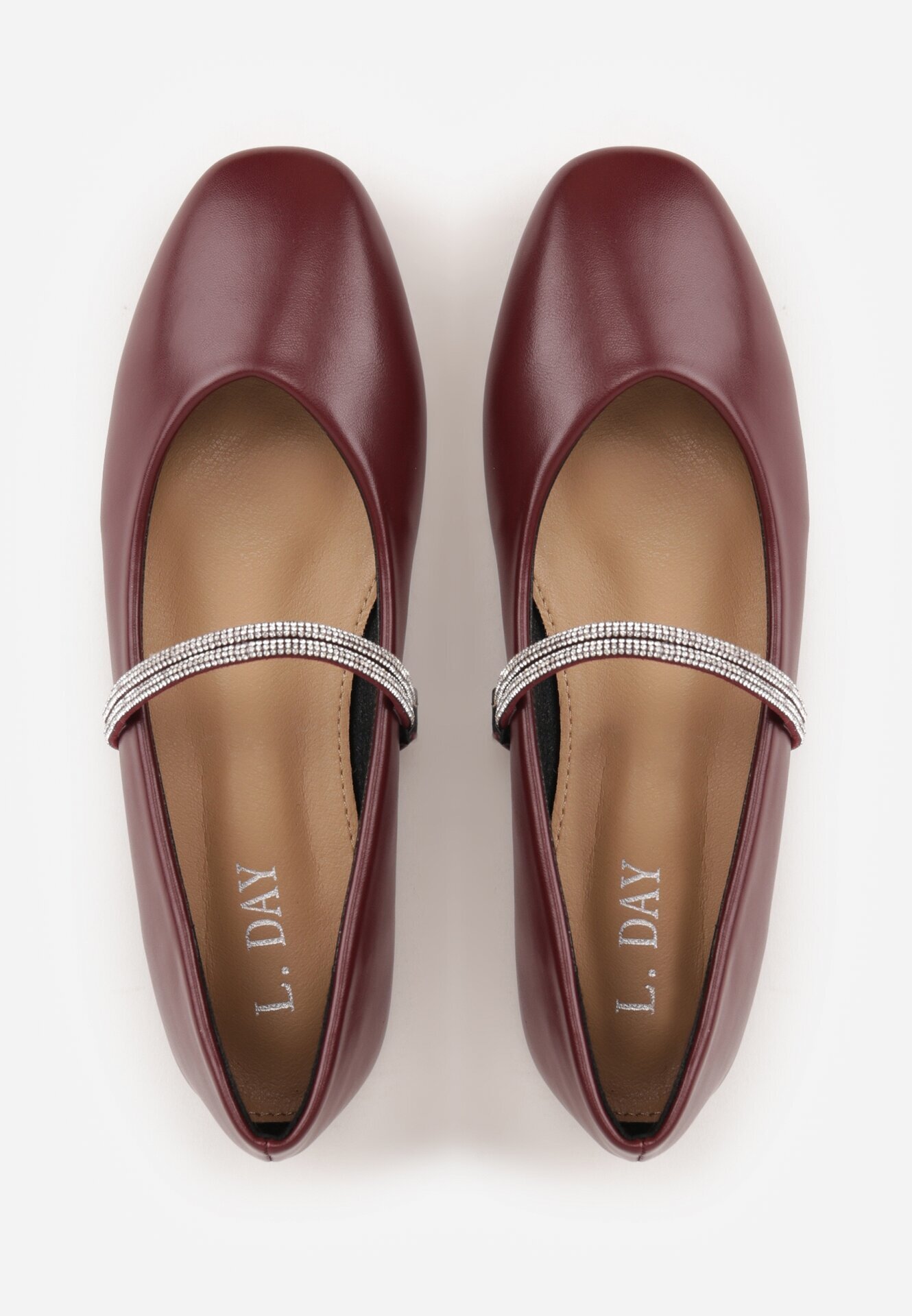 l.day Balerini Bordeaux tip slip-on cu baretă decorativă cu zirconii Rola