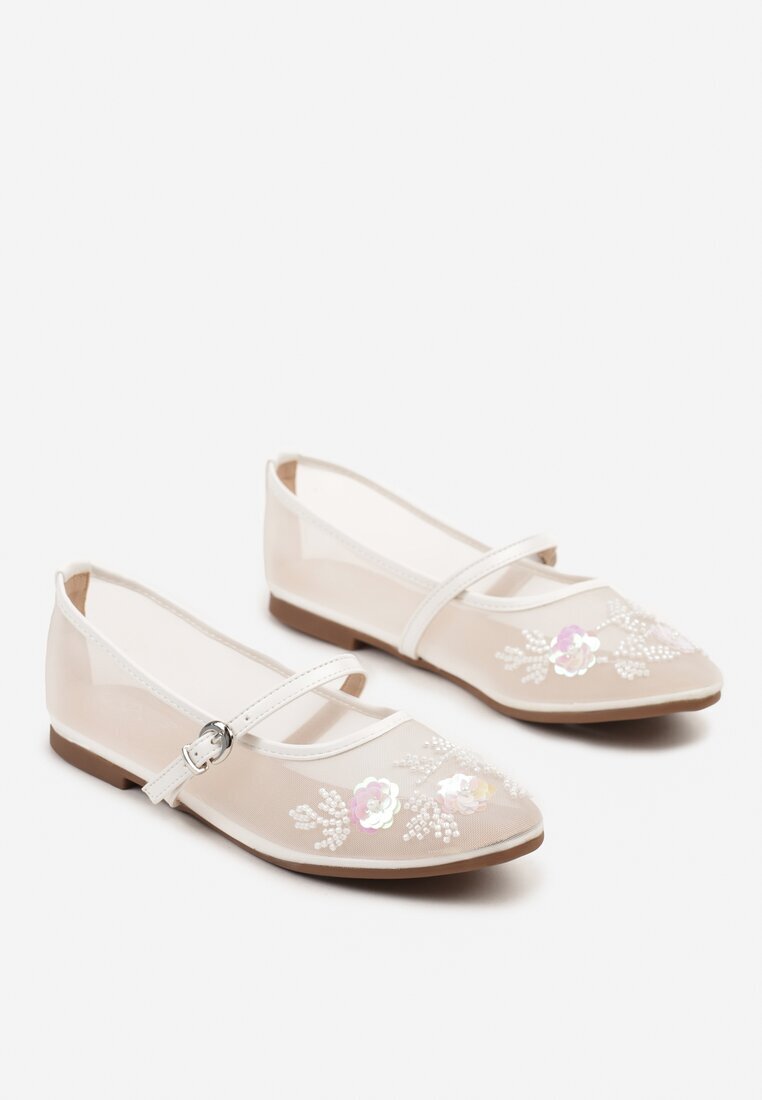 la flor Balerini Albi Transparenți cu Baretă cu Cataramă și Broderie Florală Tulritia