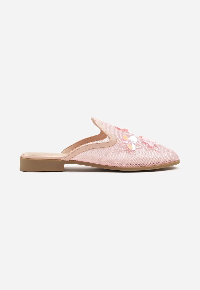 la flor Papuci tip mule roz din plasă cu flori 3D Vilmoi
