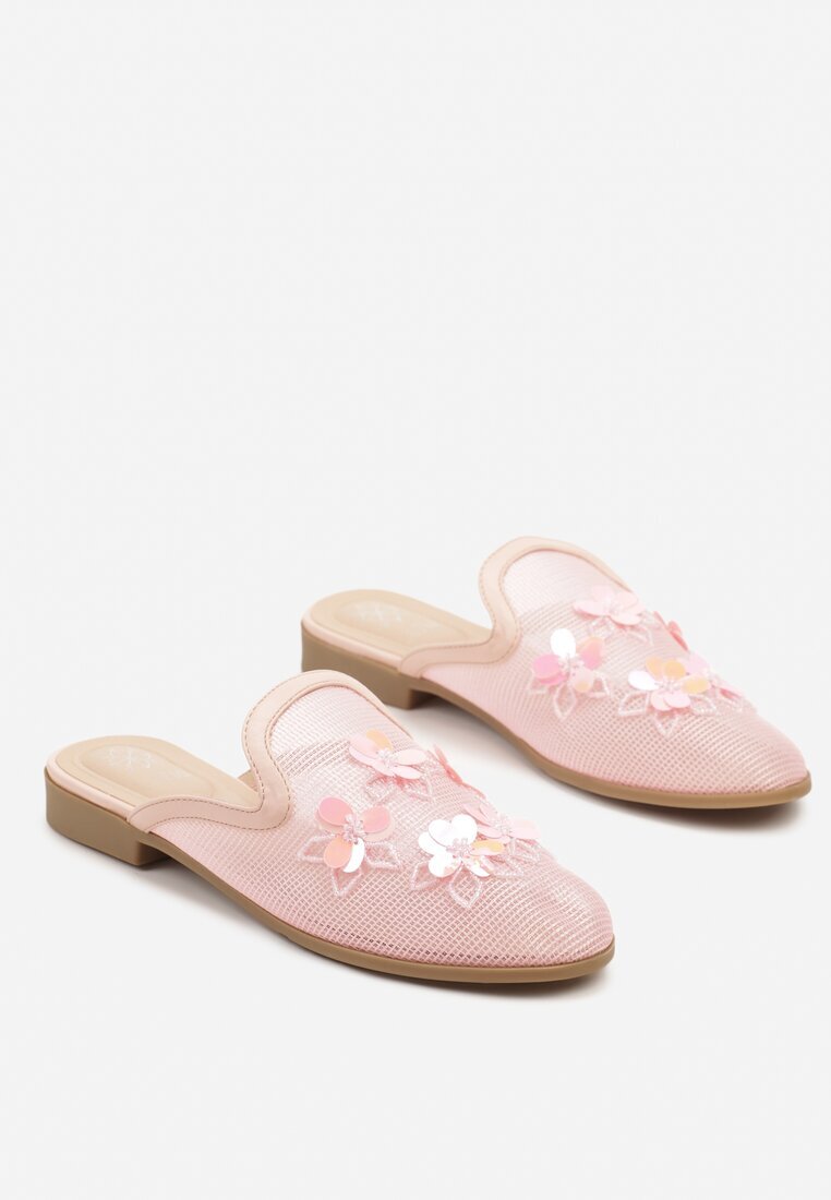 la flor Papuci tip mule roz din plasă cu flori 3D Vilmoi