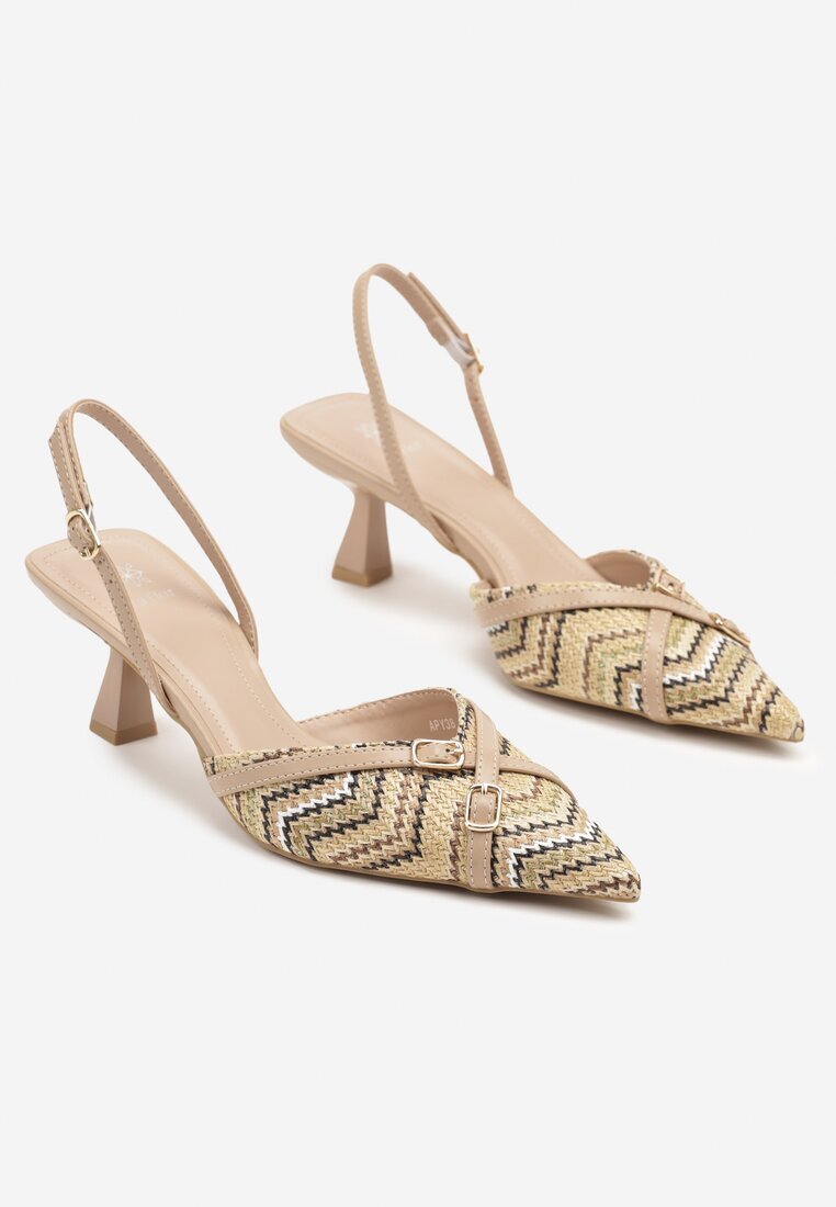 la flor Sandale Bej închis Slingback cu Toc Tip Pisoi Decorate cu Catarame Adivilo