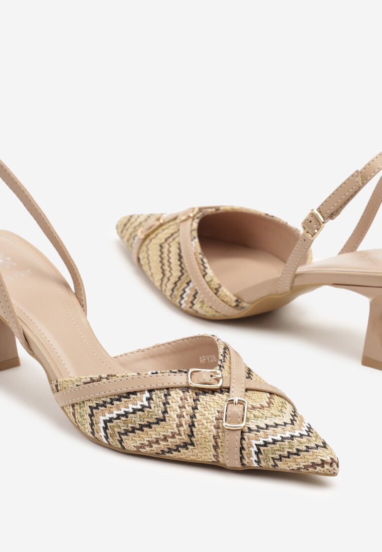 la flor Sandale Bej închis Slingback cu Toc Tip Pisoi Decorate cu Catarame Adivilo