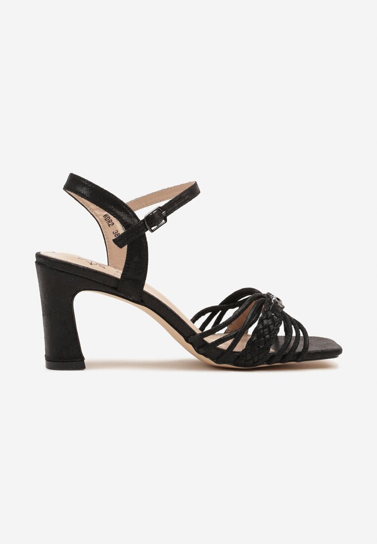 la flor Sandale Negre cu Toc cu Barete Împletite și Ornament Metalic Sarivaya