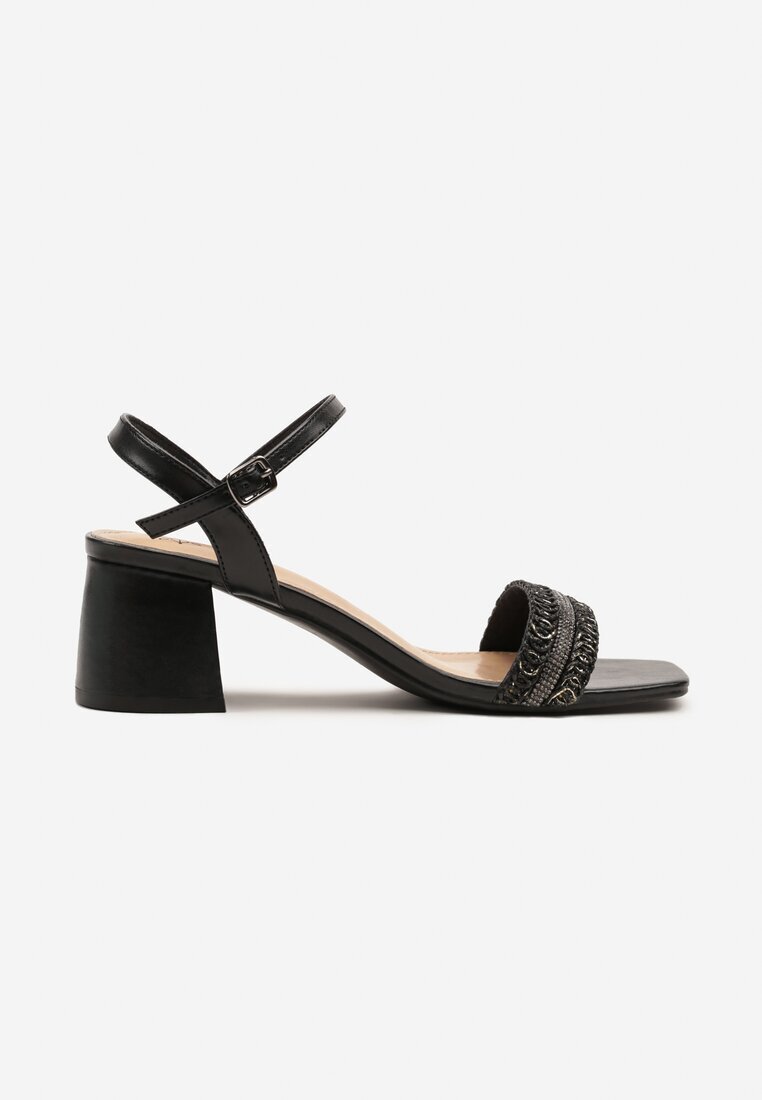 la flor Sandale Negre cu Toc cu Fată Împletită Cleorelle