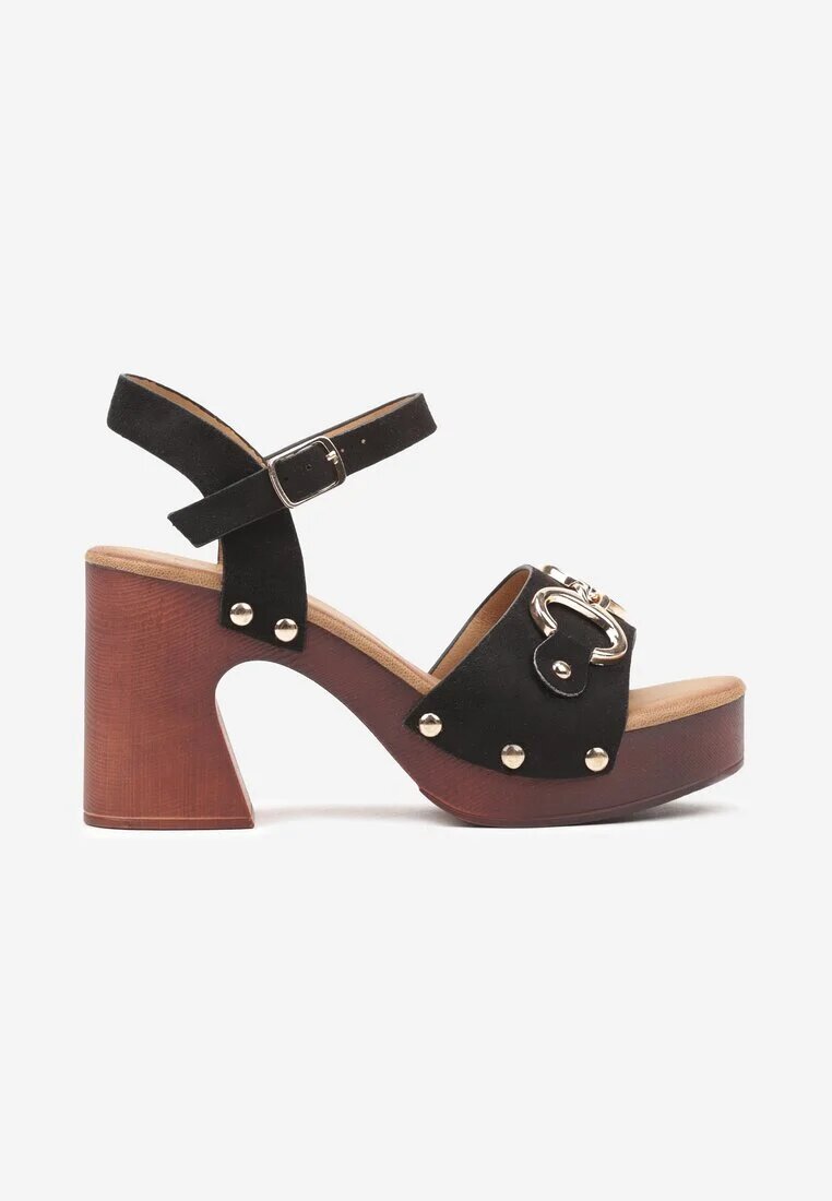 la flor Sandale Negre Saboți cu toc gros cu Capse și Ornament stil Mocasin Lenissa