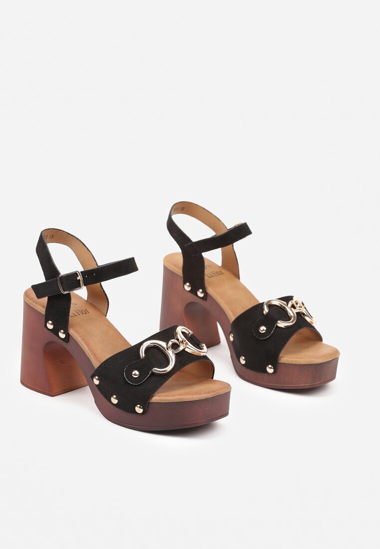 la flor Sandale Negre Saboți cu toc gros cu Capse și Ornament stil Mocasin Lenissa
