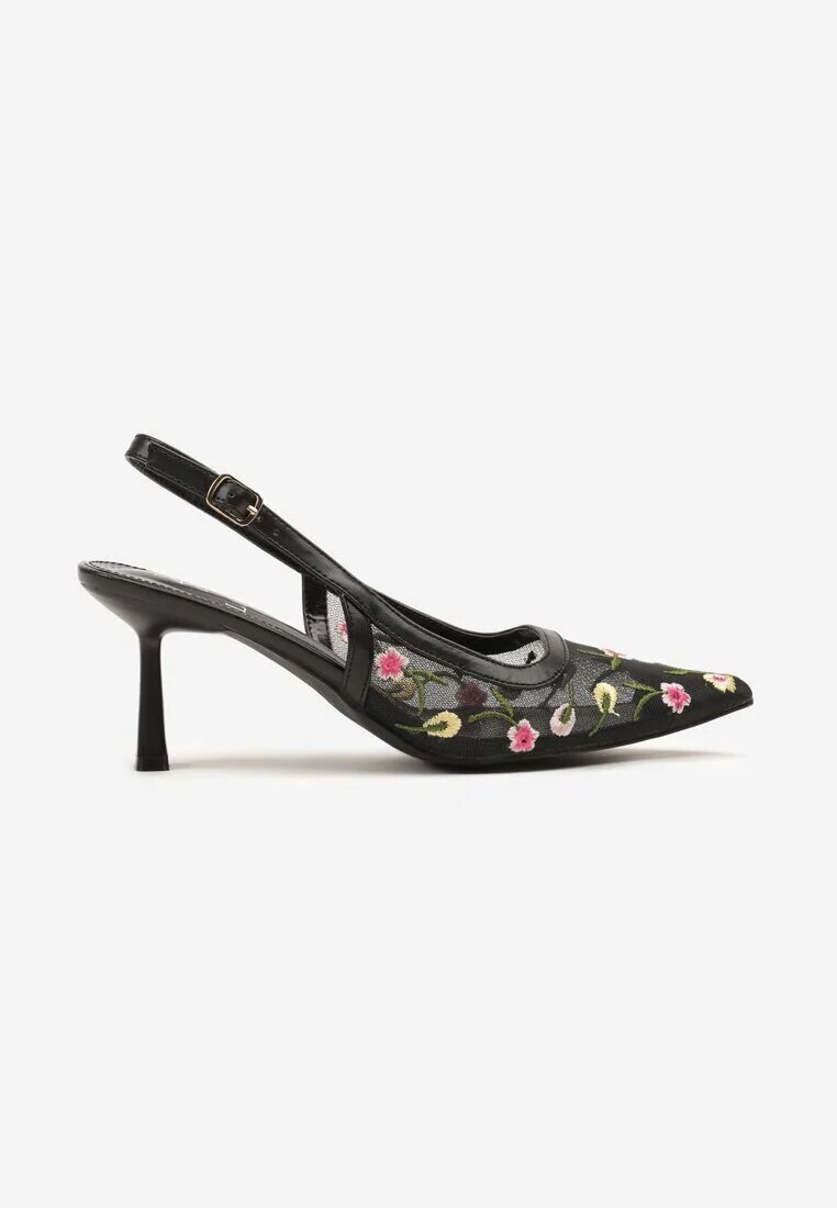 la flor Sandale Negre Slingback cu toc Tip Clepsidră Decorate cu broderie Iveltewia