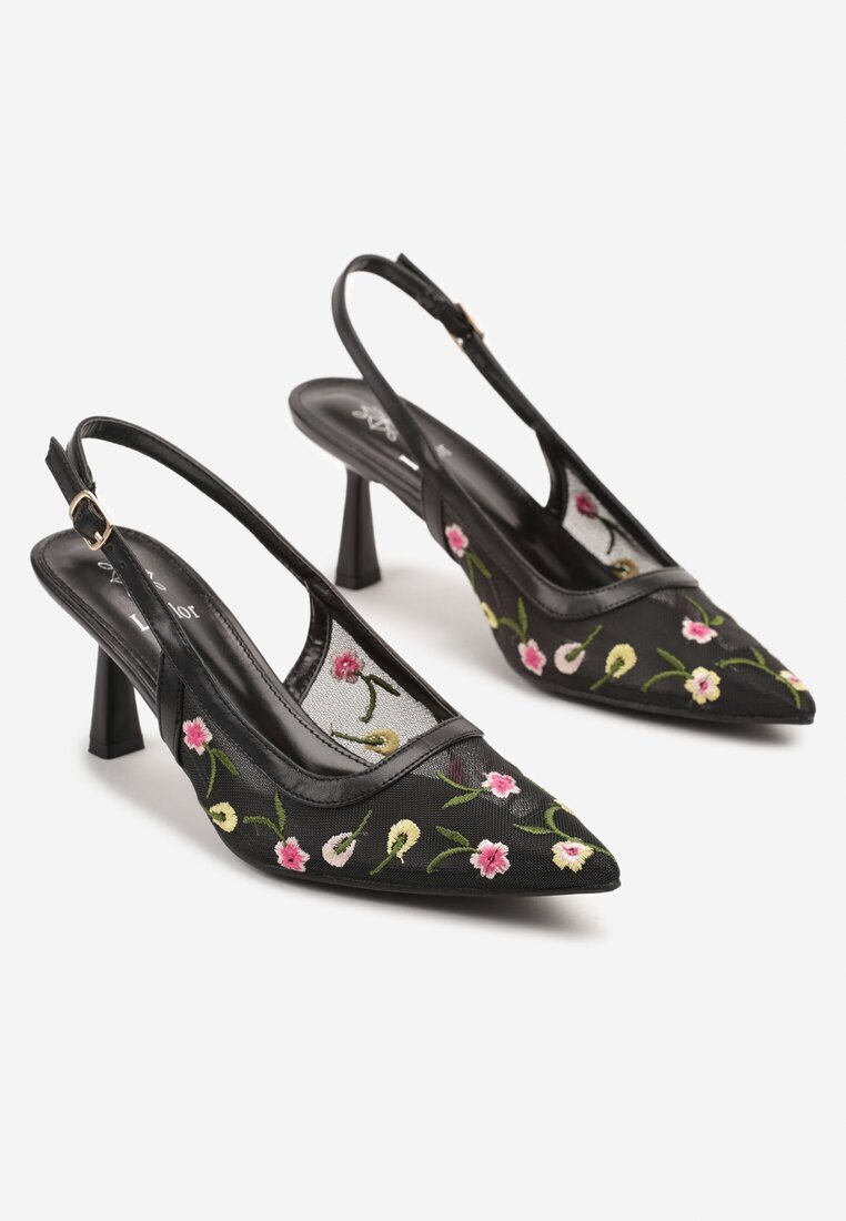 la flor Sandale Negre Slingback cu toc Tip Clepsidră Decorate cu broderie Iveltewia