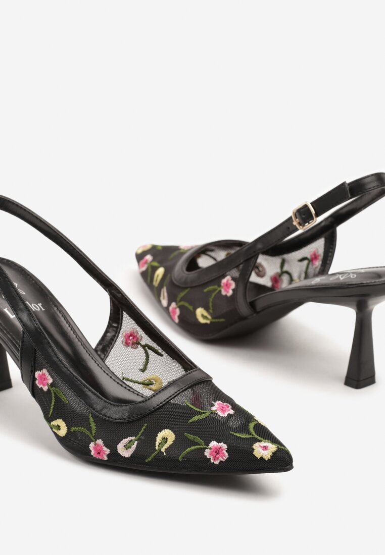 la flor Sandale Negre Slingback cu toc Tip Clepsidră Decorate cu broderie Iveltewia