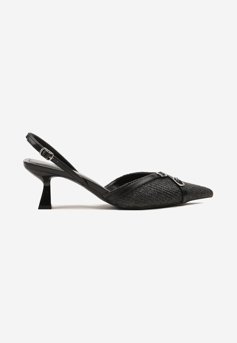 la flor Sandale Negre Slingback cu toc tip kitten decorate cu catarame Adivilo